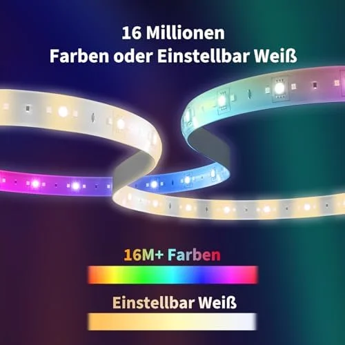 Retailer infographic illustrating 16 million colours and adjustable white light on the Aqara LED Strip T1; illustrative lighting effects, not our own colour or brightness measurements
