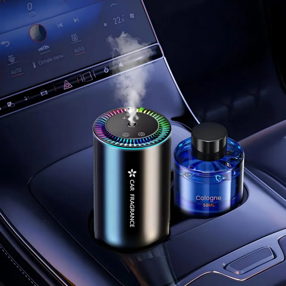 Retailer advertising image of the black Towonshy BJ-577 with a light ring and a bottle labelled Cologne 50 ml in a car; not our own use test