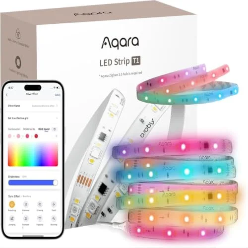 Retailer advertising montage for the Aqara T1 bundle showing a coloured LED strip, T1 packaging and an illustrative app; not a complete box-contents photo of the 3-metre set, smartphone and hub not included