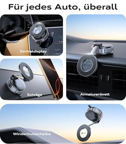 Händlerinfografik der schwarzen VICSEED-Vakuumhalterung an beispielhaften Fahrzeugoberflächen; keine eigene Montageprüfung oder pauschale Freigabe für Displays und alle Autos