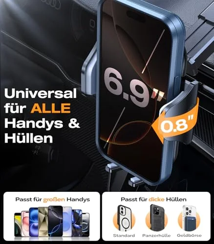 Händlerinfografik zur VICSEED-Klemmhalterung mit beispielhaftem Smartphone und Handyhüllen; beworbene Universalpassform und Hüllendicke nicht unabhängig bestätigt