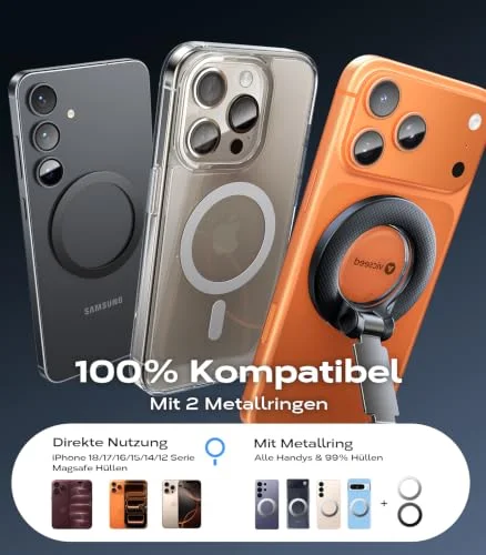 Händlerinfografik zur MagSafe-Aufnahme und zu zwei Metallringen der VICSEED-Halterung; beworbene 100-Prozent-Kompatibilität nicht unabhängig bestätigt