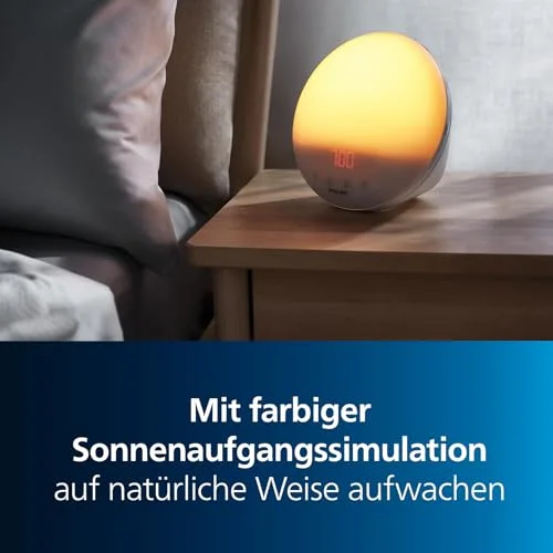 Philips-Werbeabbildung des HF3532/01 mit gelblichem Licht auf einem Nachttisch; kein eigener Anwendungstest oder Nachweis einer gesundheitlichen Wirkung