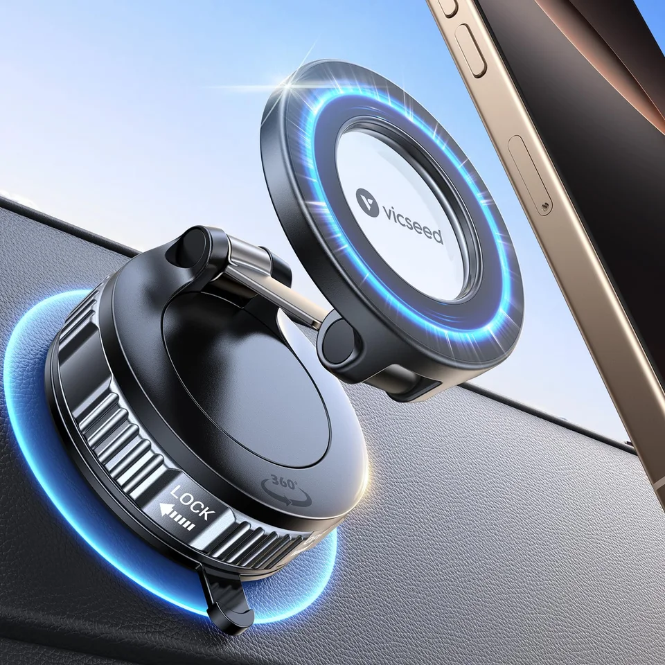 Händler-Werbemontage der schwarzen VICSEED-Magnethalterung mit Vakuumbasis, Drehverschluss und beispielhaftem Smartphone; blauer Leuchteffekt ist kein Nachweis einer LED- oder Ladefunktion