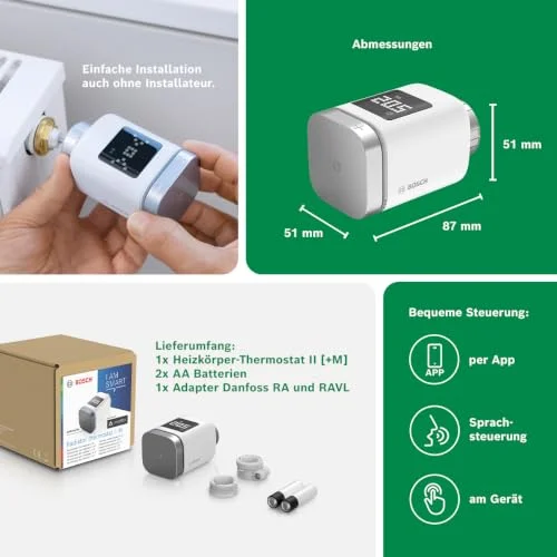 Retailer graphic showing installation, dimensions of 51 × 51 × 87 mm and single-thermostat contents; not an internal technical view