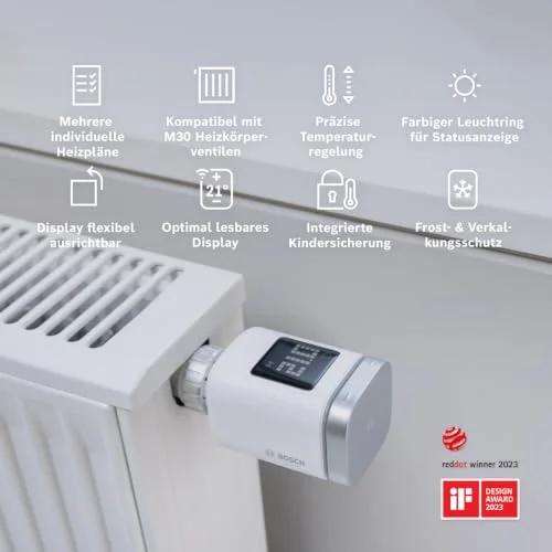 Retailer usage image of the Bosch II [+M] Anthracite mounted on a radiator with overlaid feature icons