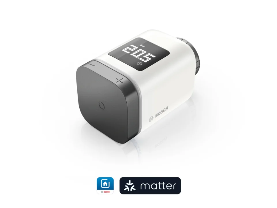 Official product image of the Bosch Radiator Thermostat II [+M] Anthracite with a light housing and dark front