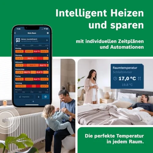 Retailer promotional montage showing Bosch scheduling and room temperatures; system requirements apply and savings are not guaranteed