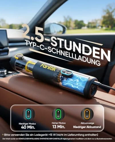 Händlergrafik zur USB-C-Ladung des schwarzen V8 APEX mit 40 Minuten niedrigem und 13 Minuten hohem Modus; Netzteil laut Anleitung separat