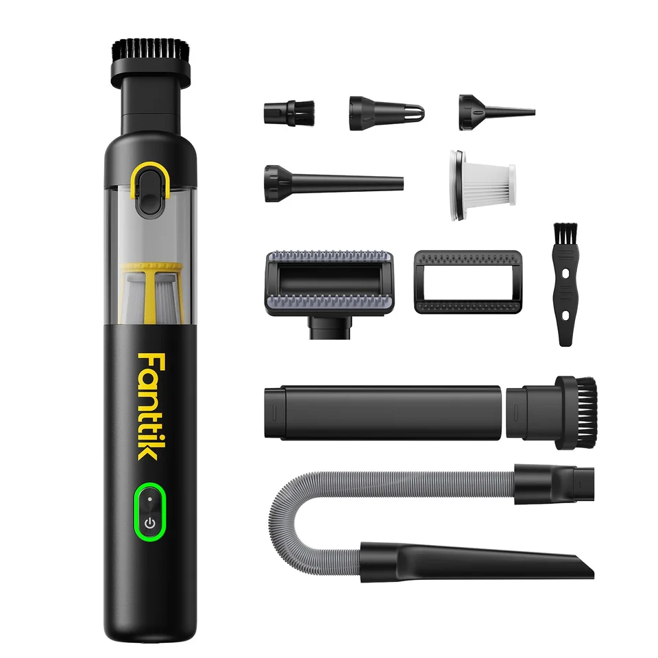 Retailer product montage of the black Fanttik Slim V8 APEX with hose, brushes, nozzles and filter; check the actual ordering offer
