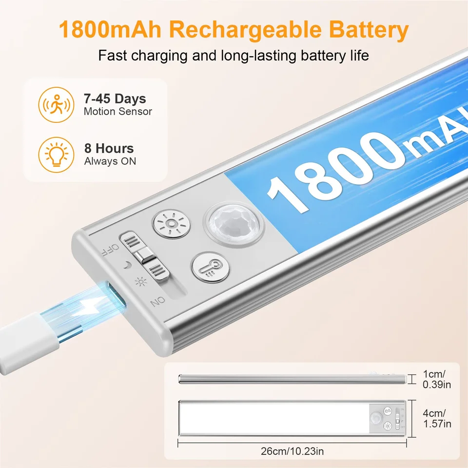 Manufacturer infographic illustrating USB-C charging and the 1800 mAh battery; runtime figures are advertising claims and its 28 cm dimension differs from the Amazon 26 cm selection