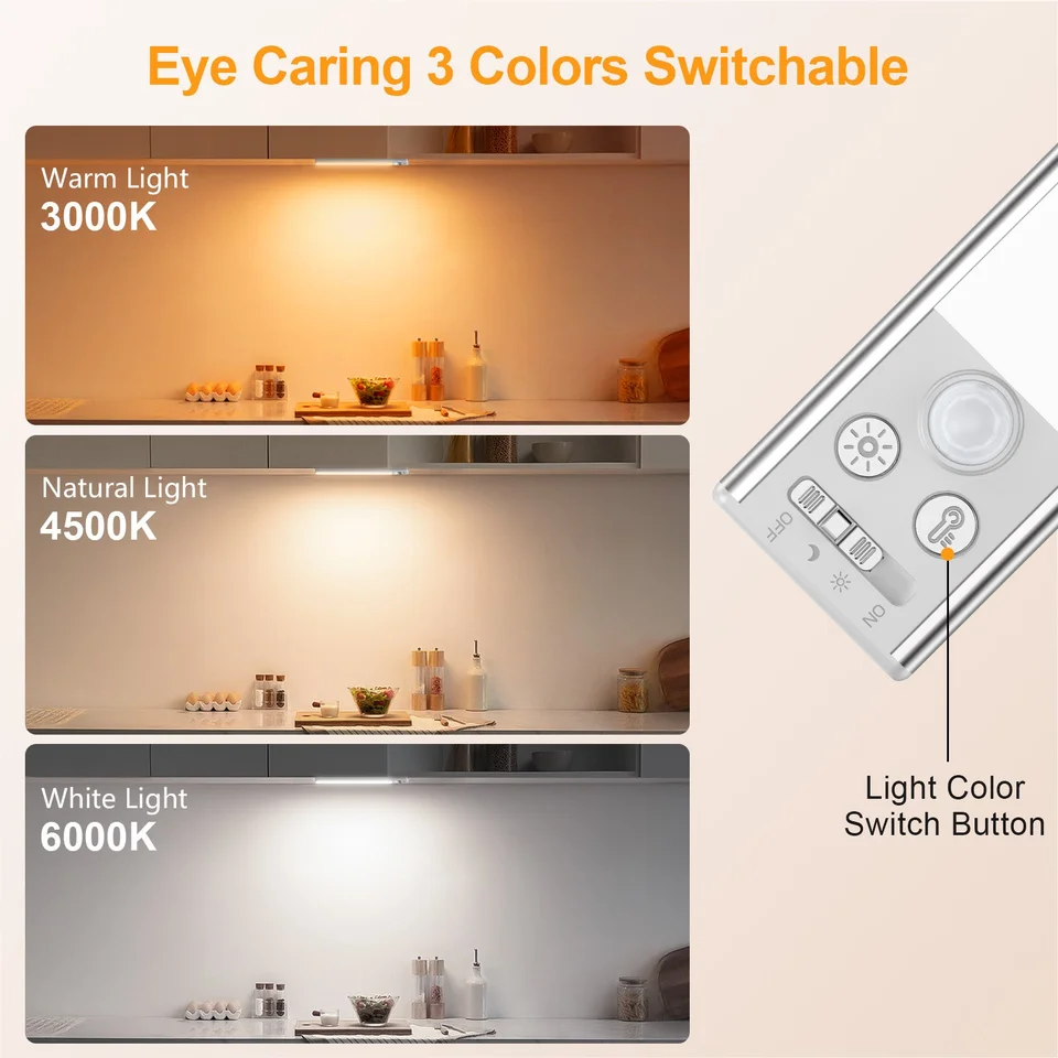 Manufacturer infographic for G1358 showing 3000, 4500 and 6000 K and the colour-temperature button; kitchen scenes are illustrative advertising, not documented usage photographs or eye-safety testing