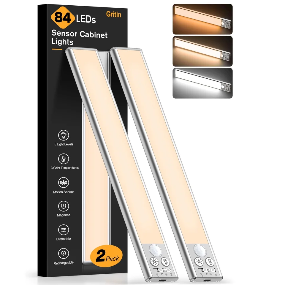Händler-Produktabbildung des Gritin-G1358-Zweiersets mit zwei silbernen Leuchten und Verpackung; kleine Lichtfarbenansichten sind Werbedarstellungen
