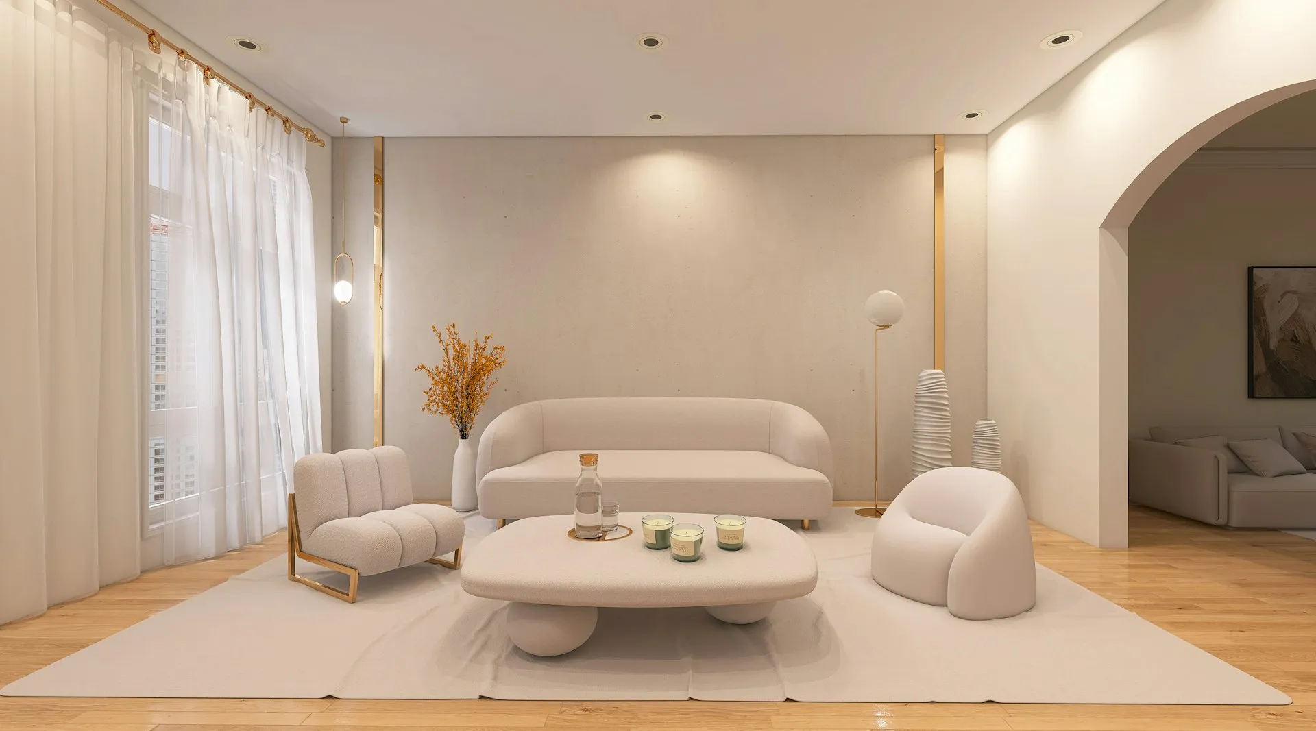 Modern living room with a white sofa and designer lighting