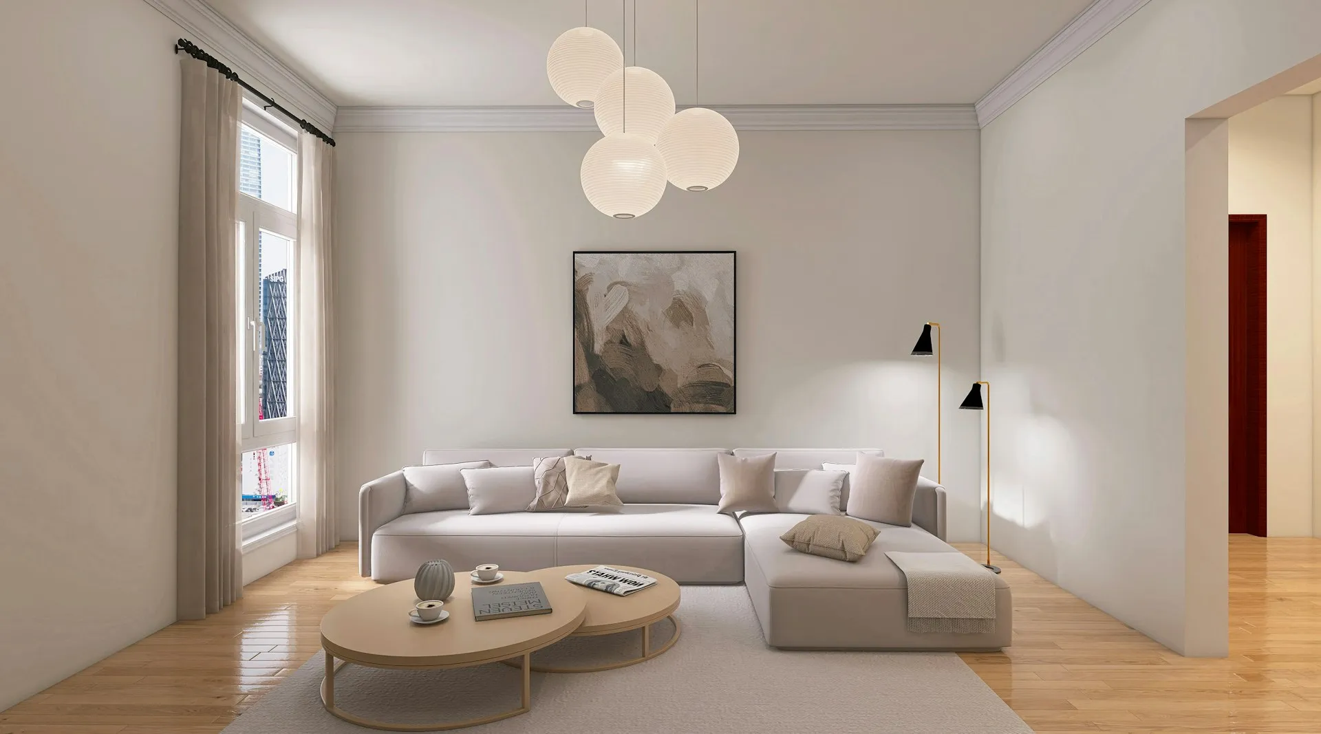 Modern living room with a grey sofa