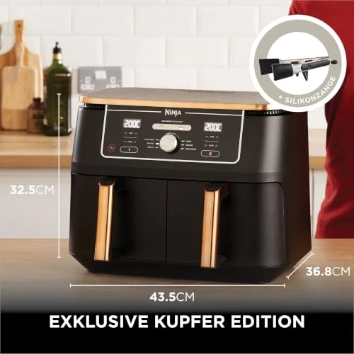 Retailer graphic of the copper edition with silicone tongs and dimensions of 43.5 × 36.8 × 32.5 cm; dimensions conflict with the Amazon table
