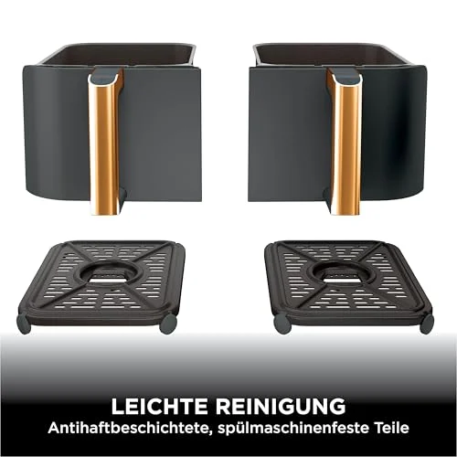 Retailer image of the two removed drawers with copper handles and two crisper plates; washability does not apply to the main unit