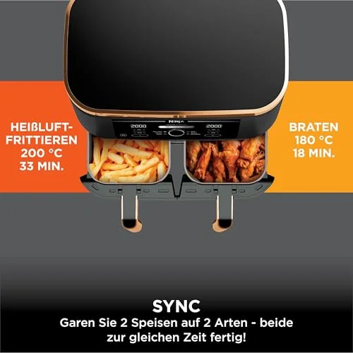 Retailer graphic showing SYNC with chips and chicken in separate drawers; illustrated times are not universal cooking or food-safety guarantees