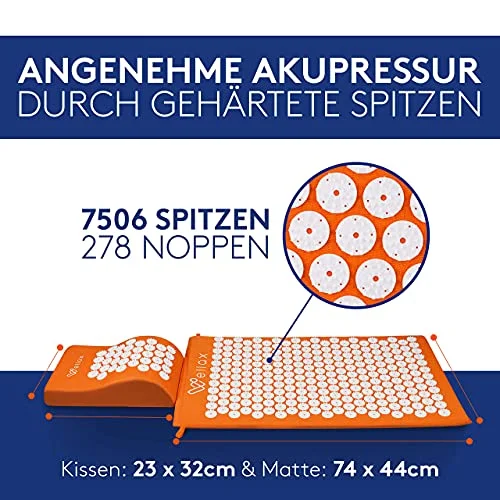 Händlergrafik des Wellax-Sets mit Spitzen-Detail und Maßangaben: Matte 74 × 44 cm, Kissen 23 × 32 cm; Angaben weichen von Amazon-Tabelle ab