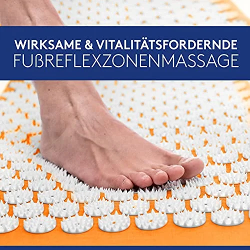 Händler-Anwendungsfoto mit einem Fuß auf der orangefarbenen Wellax-Matte; Wirkungsbehauptung im Bild ist nicht unabhängig bestätigt