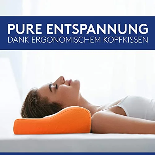 Händler-Anwendungsfoto einer liegenden Person mit dem orangefarbenen Wellax-Kissen im Nackenbereich