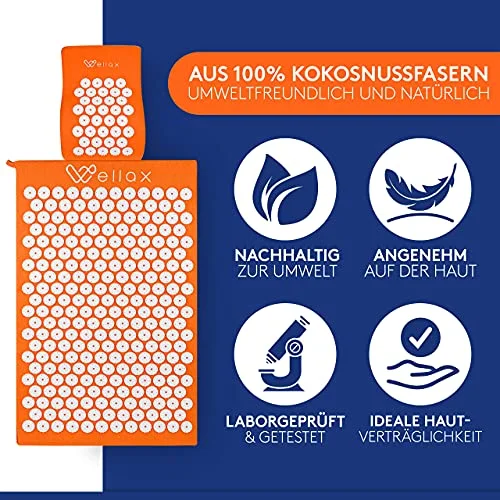 Händlerabbildung der orangefarbenen Wellax-Matte und des Kissens mit Werbeangaben zur Kokosfaserfüllung, keine eigene Prüfung