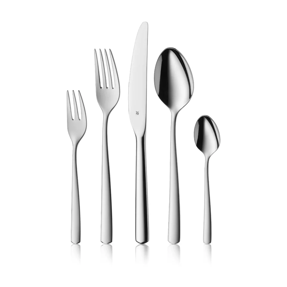 Manufacturer image of one WMF Boston place setting with five types of cutlery; the offered 30-piece set contains six of each, not just the five pieces shown