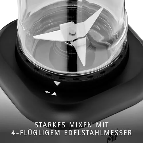 Händler-Nahaufnahme des vierflügeligen Edelstahlmessers im Behälter der WMF Kult X Mix & Go Classic Edition