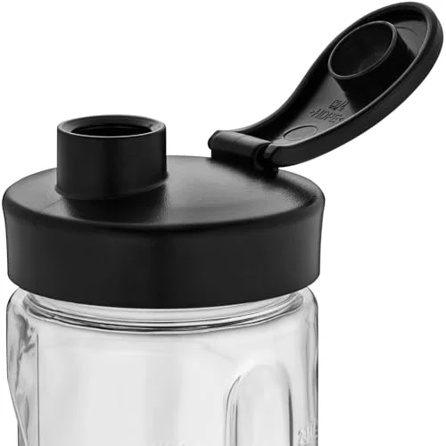 Händlerfoto des schwarzen WMF-Trinkdeckels mit geöffneter Klappe auf der transparenten Tritanflasche