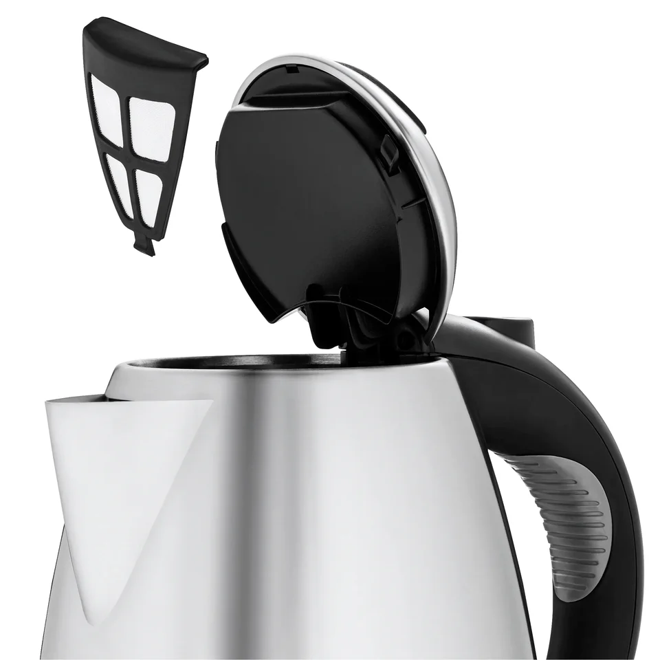WMF Stelio with the lid open and removable limescale strainer shown separately; manufacturer detail image