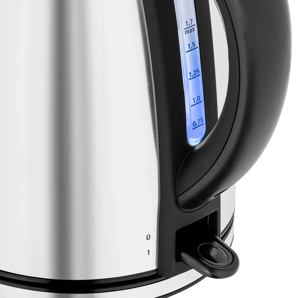 Detail of the WMF Stelio black handle, blue-lit water-level scale and on/off switch; not a temperature display