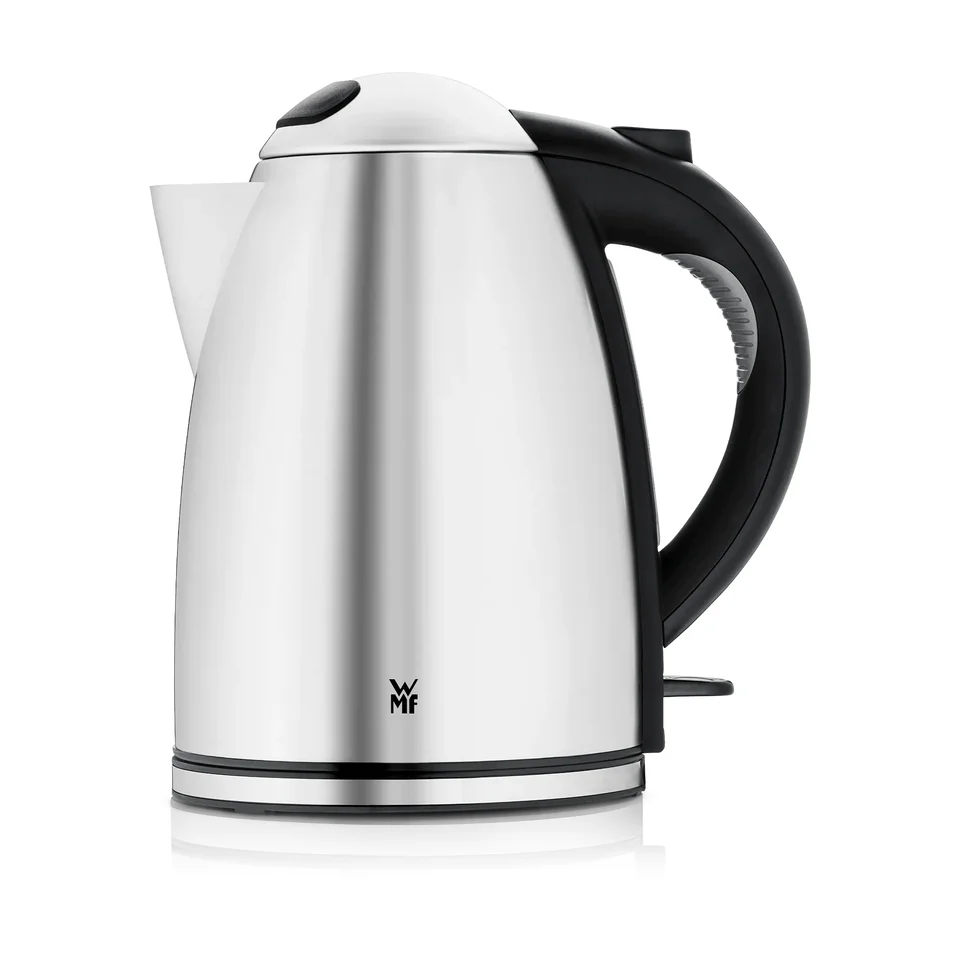 Silberner WMF Stelio Wasserkocher mit 1,7 l, mattem Cromargan-Gehäuse, schwarzem Griff und Basis; Hersteller-Produktabbildung